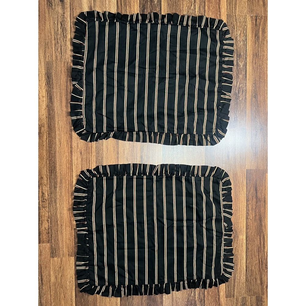 2 Raymond Waites Pillow Shams QUEEN Black Ruffles Yellow/Red Vertical Stripes